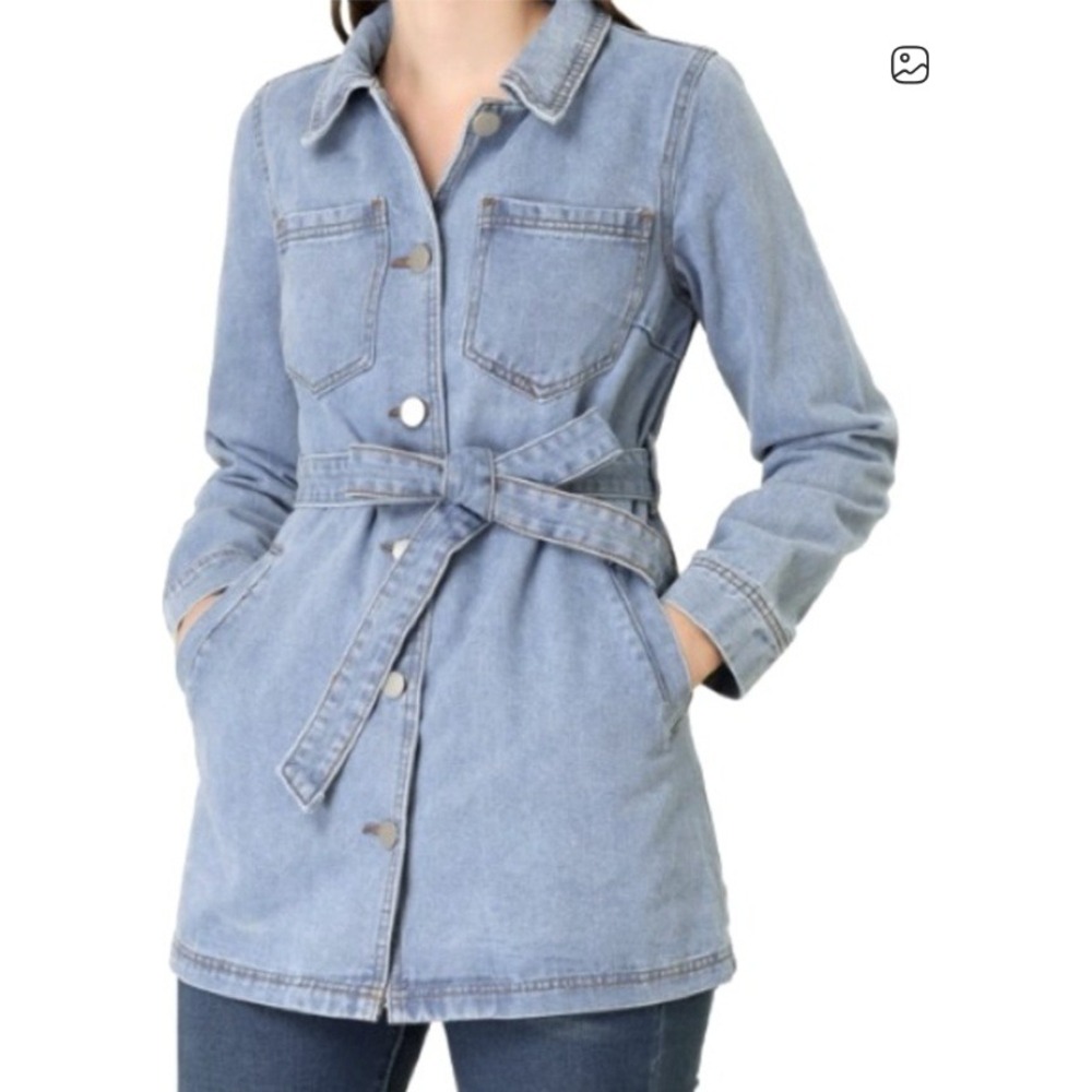 Allegra K Belted Denim Jacket Womens Medium Button Up Long Sleeve Coat NWT